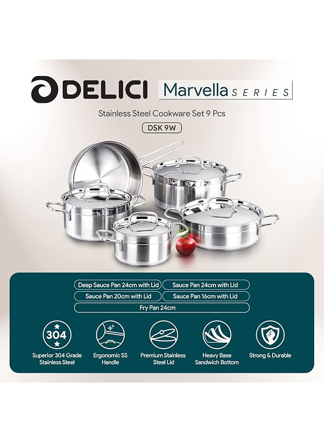 DELICI Cookware Set Stainless Steel 9 Pcs (Dsk 9W) | Superior 304 Grade Ss | Oven Safe | Heavy Base Sandwich Bottom | Corrosion & Stain Resistant | Includes Deep Sauce Pan, Fry Pan, Premium Lids - Image 2