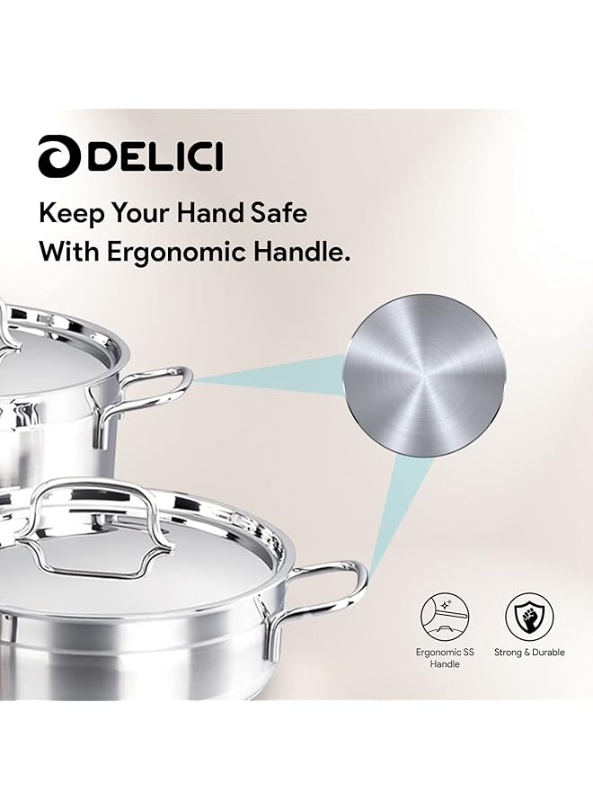 DELICI Cookware Set Stainless Steel 9 Pcs (Dsk 9W) | Superior 304 Grade Ss | Oven Safe | Heavy Base Sandwich Bottom | Corrosion & Stain Resistant | Includes Deep Sauce Pan, Fry Pan, Premium Lids - Image 4