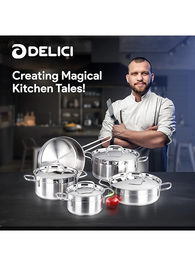 DELICI Cookware Set Stainless Steel 9 Pcs (Dsk 9W) | Superior 304 Grade Ss | Oven Safe | Heavy Base Sandwich Bottom | Corrosion & Stain Resistant | Includes Deep Sauce Pan, Fry Pan, Premium Lids - Image 3