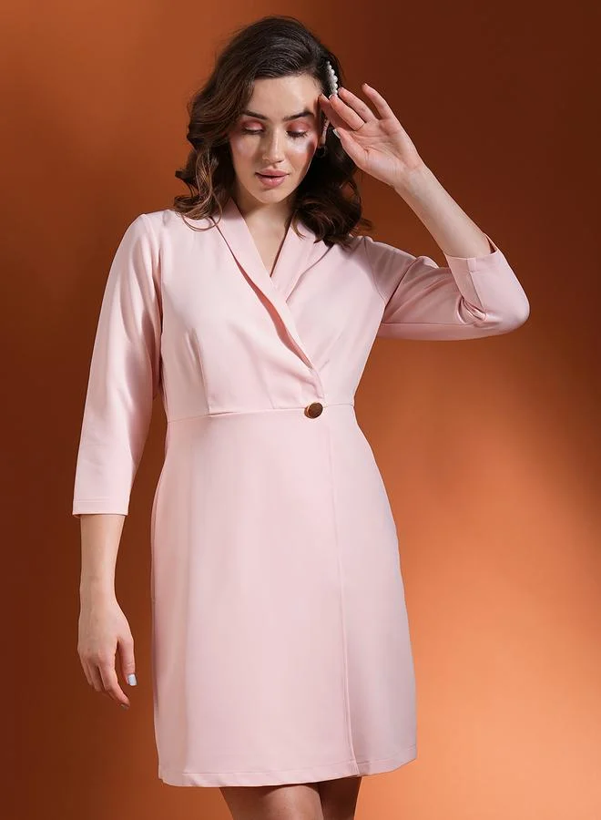 globus Globus Women Pink Solid Overlap Shawl Lapel Solid Blazer Mini Dress