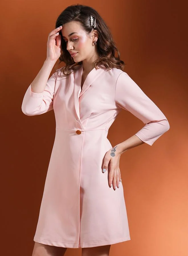 globus Globus Women Pink Solid Overlap Shawl Lapel Solid Blazer Mini Dress