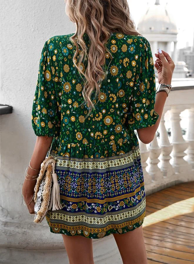 Take Two All Over Print Tassel Tie V Neck Blouse by Styli