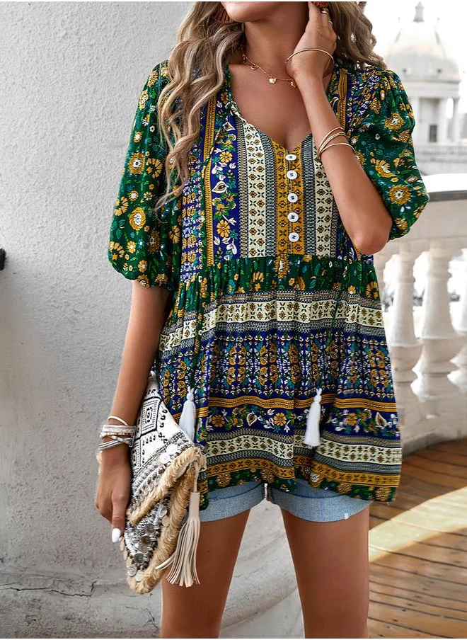 ستايلي All Over Print Tassel Tie V Neck Blouse by Styli
