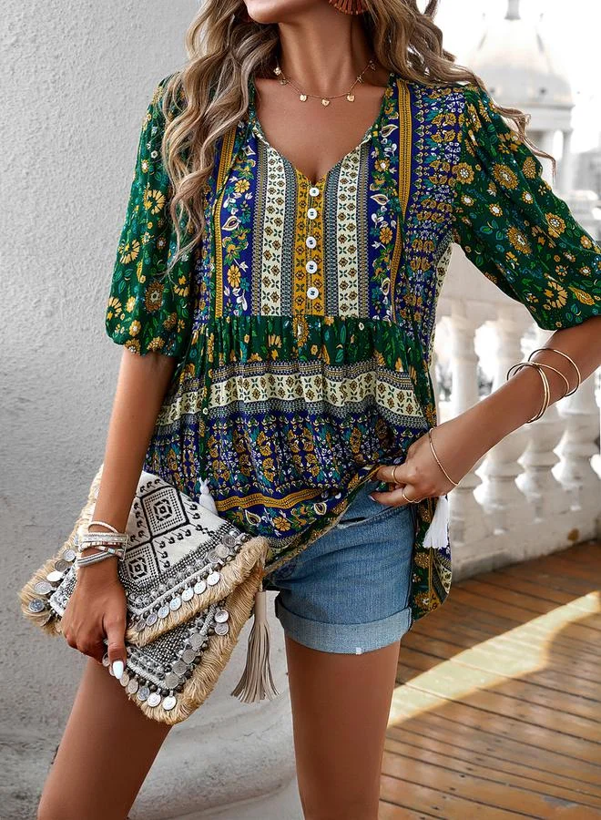 Take Two All Over Print Tassel Tie V Neck Blouse by Styli