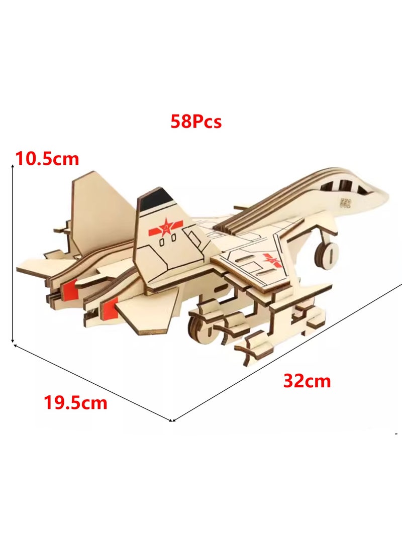 Children's 3D Wooden Model Puzzle Military Building Block Assembly Toys(Fighter 58Pcs) - Image 2