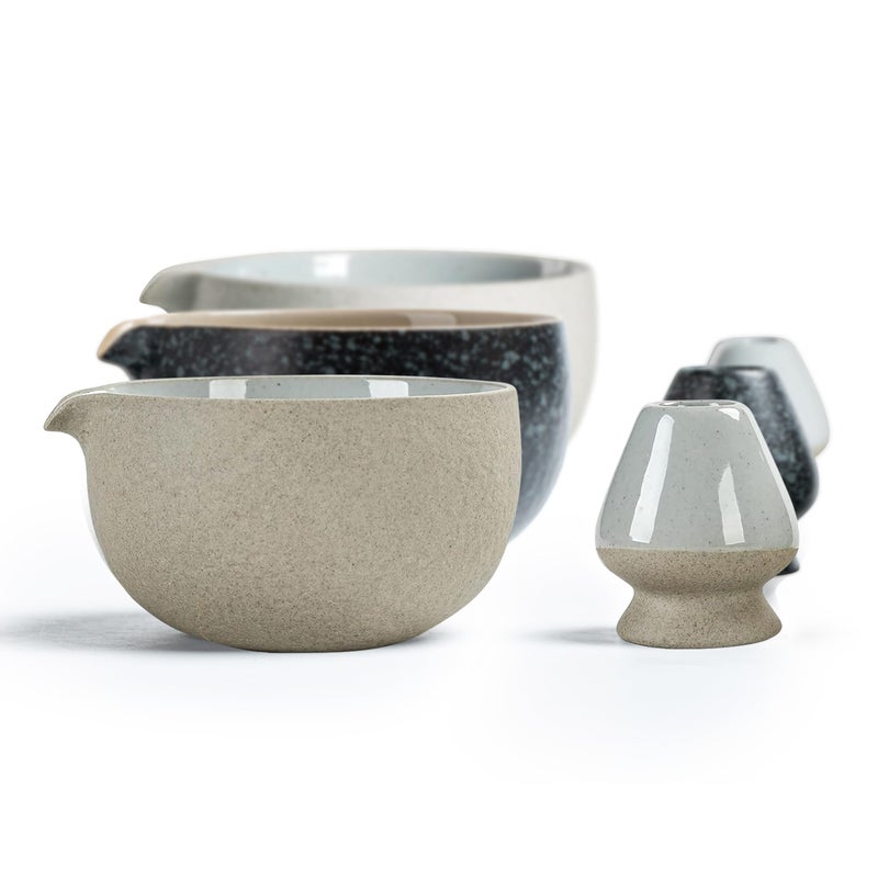 TEANAGOO 2 Pcs Matcha Bowl with Spout, Ceramic 18 OZ Matcha Bowl Set and Whisk Holder, Matcha Chawan, Grey Matcha Cup with Stand, Green Tea Mixing Bowl, Gift Set for Matcha Lover - Image 1