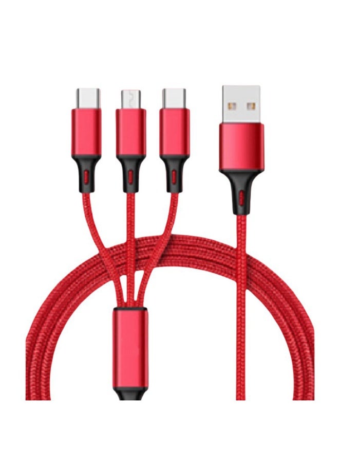 USB Type C Charging Cable 3 in-1 Fast Charging cable for Car with Multiple Charging Ports Length, Type C and USB A Connectors for iPhone, Samsung, Laptop, iPad, (Red Color)