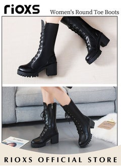 RIOXS Women's Mid Calf Boots with 7cm Heel, Fashionable Casual Leather Boots with Side Zipper, Lace-up Chunky Platform Boots, Perfect to Complement Your Look  - Image 2