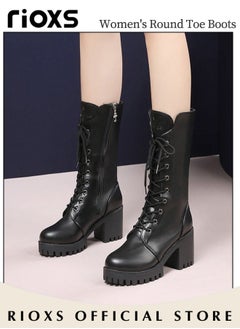 RIOXS Women's Mid Calf Boots with 7cm Heel, Fashionable Casual Leather Boots with Side Zipper, Lace-up Chunky Platform Boots, Perfect to Complement Your Look  - Image 5