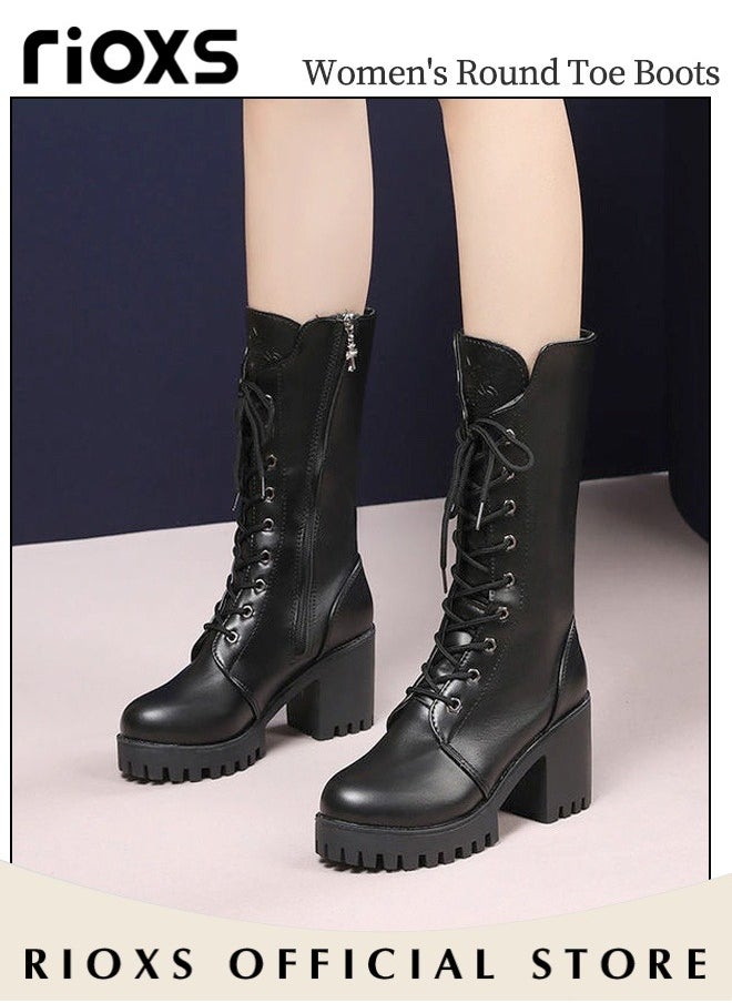 RIOXS Women's Mid Calf Boots with 7cm Heel, Fashionable Casual Leather Boots with Side Zipper, Lace-up Chunky Platform Boots, Perfect to Complement Your Look  - Image 5