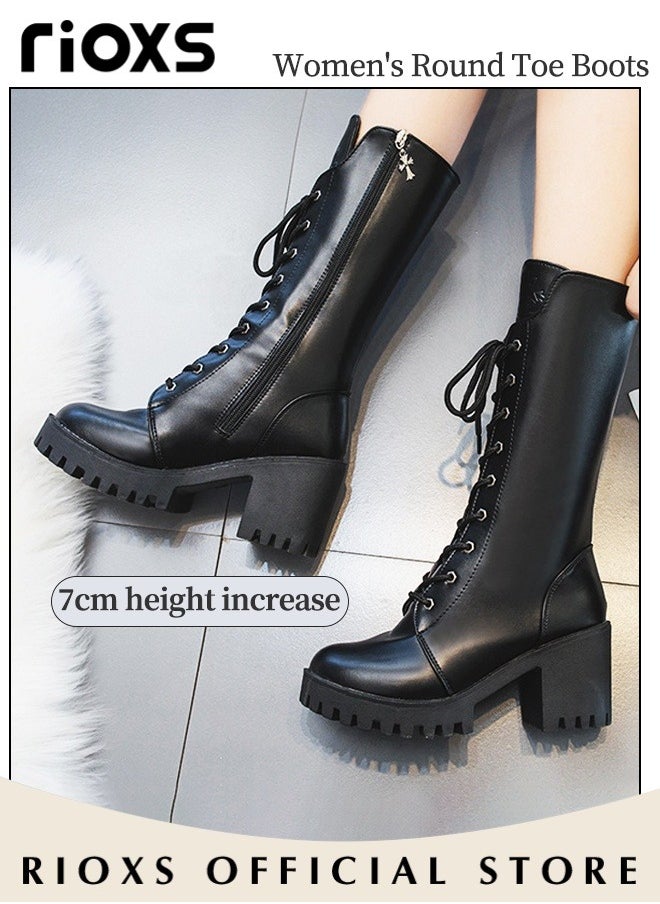Women's Mid Calf Boots with 7cm Heel, Fashionable Casual Leather Boots with Side Zipper, Lace-up Chunky Platform Boots, Perfect to Complement Your Look