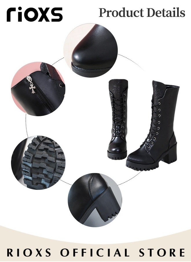 Women's Mid Calf Boots with 7cm Heel, Fashionable Casual Leather Boots with Side Zipper, Lace-up Chunky Platform Boots, Perfect to Complement Your Look