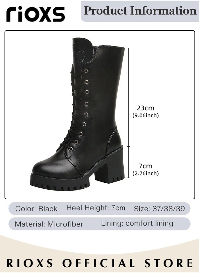 Women's Mid Calf Boots with 7cm Heel, Fashionable Casual Leather Boots with Side Zipper, Lace-up Chunky Platform Boots, Perfect to Complement Your Look