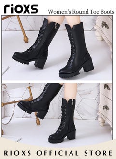 RIOXS Women's Mid Calf Boots with 7cm Heel, Fashionable Casual Leather Boots with Side Zipper, Lace-up Chunky Platform Boots, Perfect to Complement Your Look  - Image 3