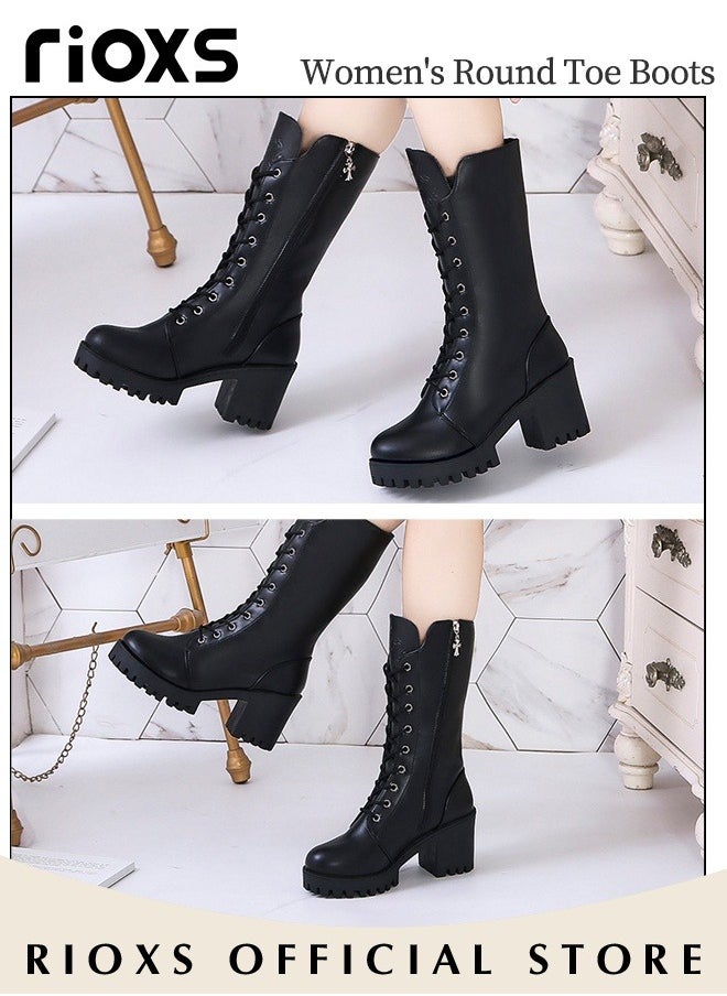 RIOXS Women's Mid Calf Boots with 7cm Heel, Fashionable Casual Leather Boots with Side Zipper, Lace-up Chunky Platform Boots, Perfect to Complement Your Look  - Image 3