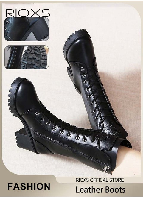 Women's Mid Calf Boots with 7cm Heel, Fashionable Casual Leather Boots with Side Zipper, Lace-up Chunky Platform Boots, Perfect to Complement Your Look