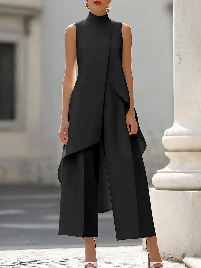 بدلة قطعتين عالية الرقبة بدون أكمام مع بنطال واسع الطبقات - Image 2
