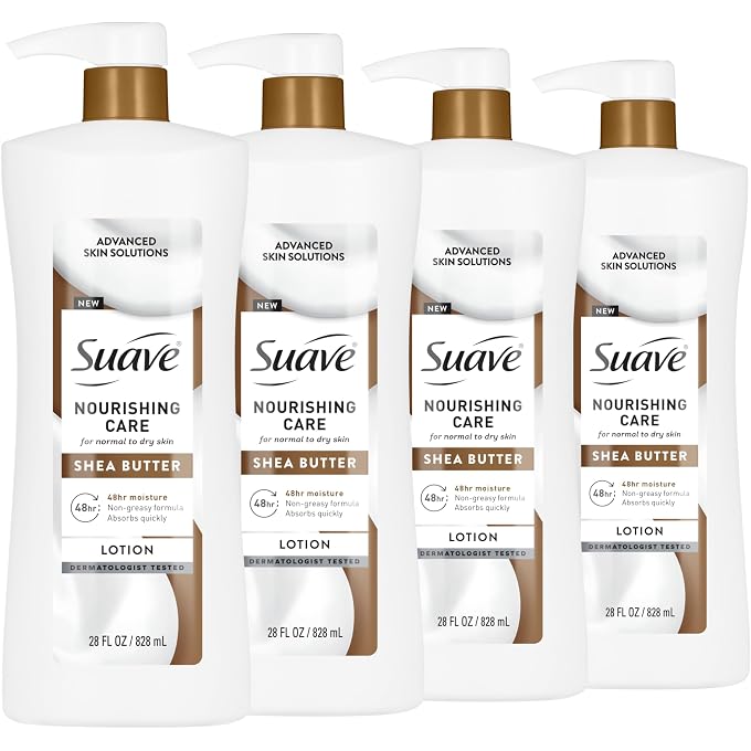 Suave Nourishing Care Hand & Body Lotion with Shea Butter for Women, Deep Moisture for Dry Skin, Fast Absorbing, Allergen Free Moisturizing Cream, 28 FL OZ, 4 Pack - Image 1