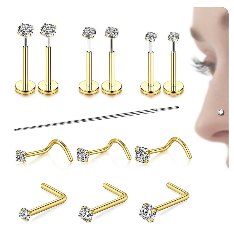 PierceGlowStar 20G Nose Rings Studs for Women, 14K Gold Plated & 316L Surgical Steel Nose Stud Set, Threadless Flat Back, Corkscrew & L Shaped Nostril Piercing Jewelry, Hypoallergenic Cartilage Tragus Helix Lip Studs - Image 1