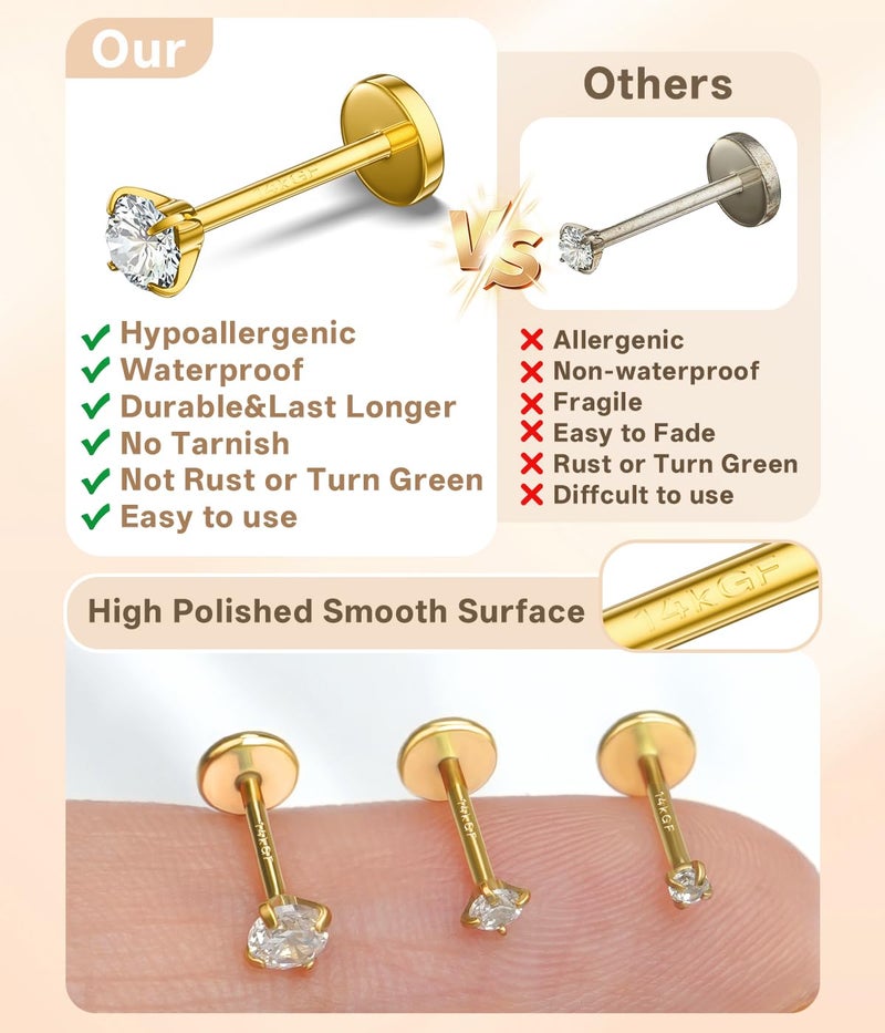 PierceGlowStar 20G Nose Rings Studs for Women, 14K Gold Plated & 316L Surgical Steel Nose Stud Set, Threadless Flat Back, Corkscrew & L Shaped Nostril Piercing Jewelry, Hypoallergenic Cartilage Tragus Helix Lip Studs - Image 3