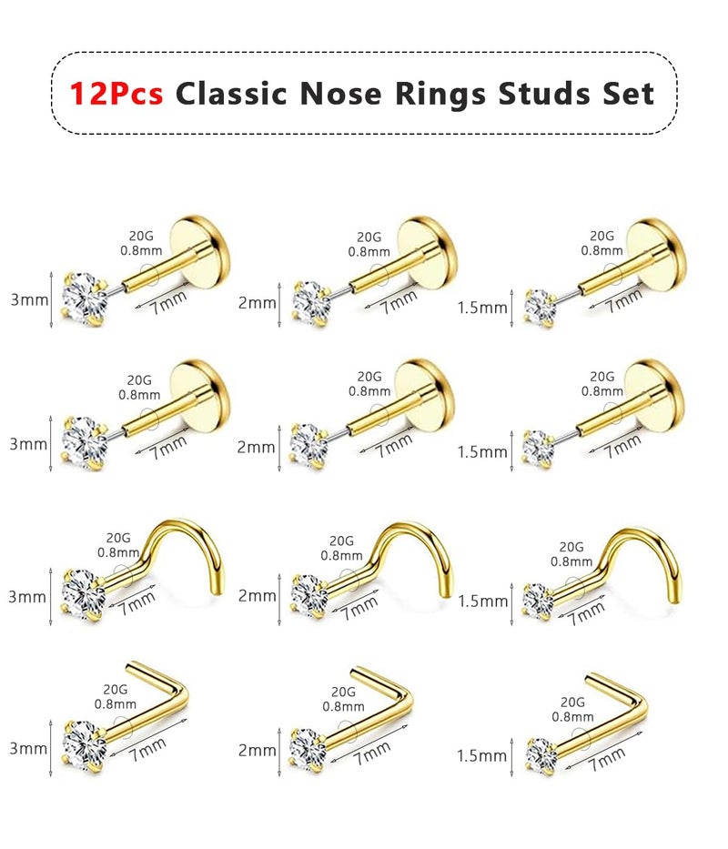 PierceGlowStar 20G Nose Rings Studs for Women, 14K Gold Plated & 316L Surgical Steel Nose Stud Set, Threadless Flat Back, Corkscrew & L Shaped Nostril Piercing Jewelry, Hypoallergenic Cartilage Tragus Helix Lip Studs - Image 2