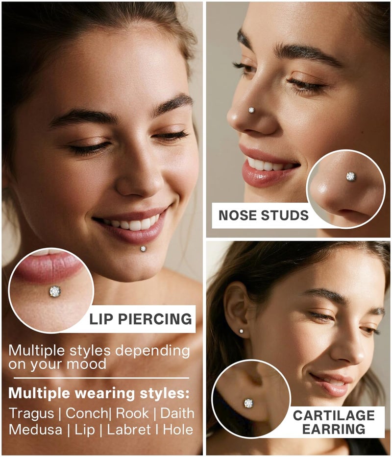 PierceGlowStar 20G Nose Rings Studs for Women, 14K Gold Plated & 316L Surgical Steel Nose Stud Set, Threadless Flat Back, Corkscrew & L Shaped Nostril Piercing Jewelry, Hypoallergenic Cartilage Tragus Helix Lip Studs - Image 4