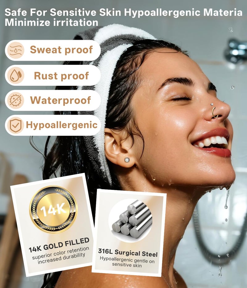 PierceGlowStar 20G Nose Rings Studs for Women, 14K Gold Plated & 316L Surgical Steel Nose Stud Set, Threadless Flat Back, Corkscrew & L Shaped Nostril Piercing Jewelry, Hypoallergenic Cartilage Tragus Helix Lip Studs - Image 5