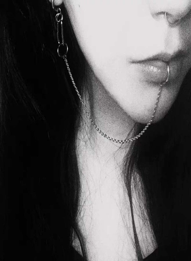 OIDIMS Punk Long Chain Small Huggie Hoop Earrings with Non Piercing Lips Nose Ring Cuff Clip On Dangle Tassel Drop Personality Gothic Dainty Stainless Steel Hypoallergenic for Women Men Fashion Jewelry Gifts - Image 4