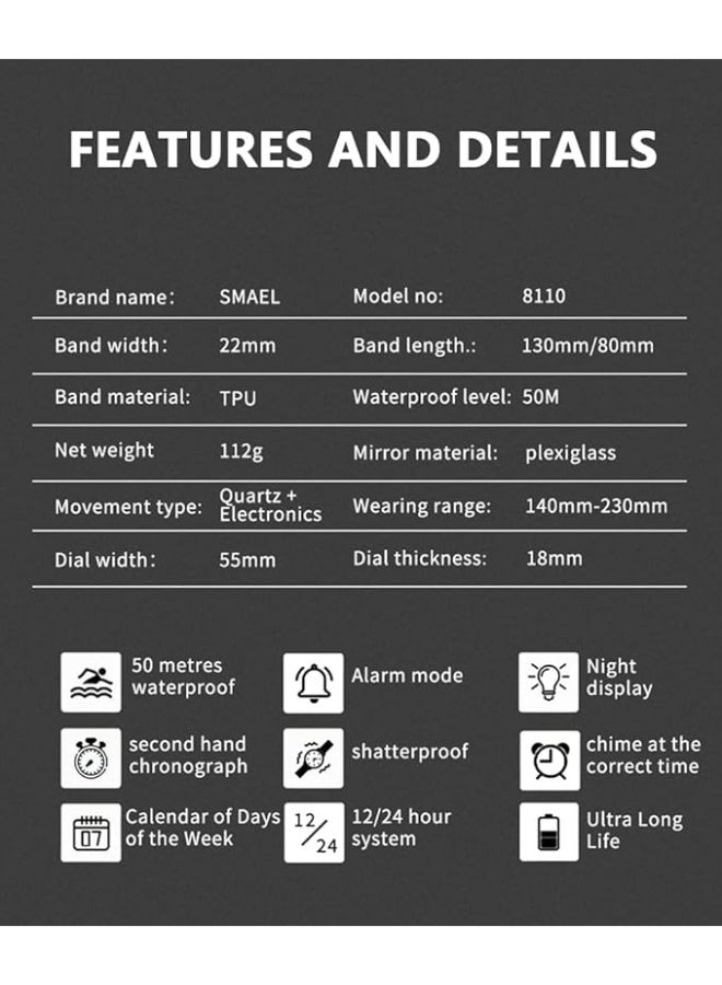 SMAEL Men's Watches Sports Outdoor Waterproof Military Watch Date Multifunction Tactics LED Face Alarm Stopwatch for Men SM-8110 - Image 3