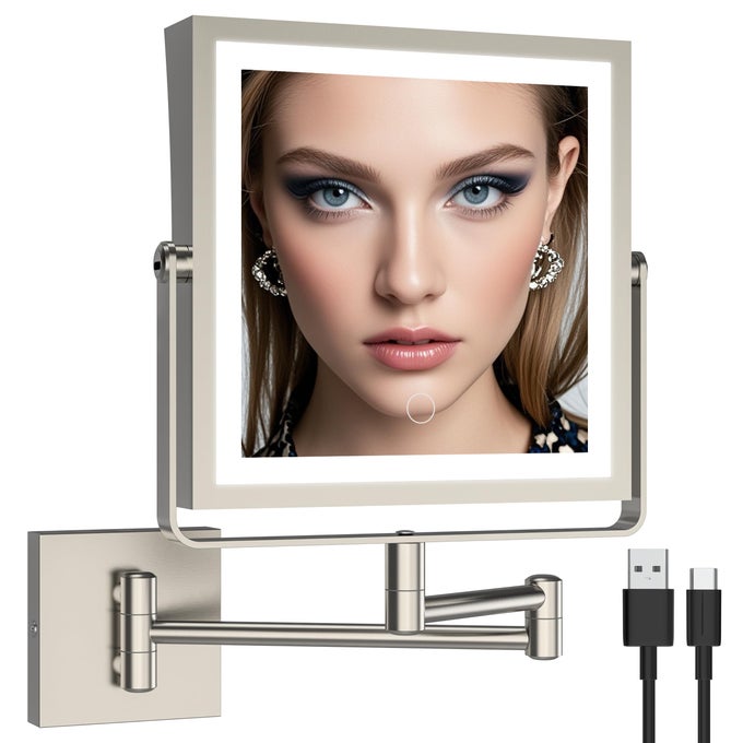 RECHARGEABLE WALL MOUNTED MAKEUP MIRROR WITH LIGHTS DOUBLE SIDED 1X10X MAGNIFYING VANITY MIRROR WITH 3 COLOR LIGHT TOUCH SCREEN DIMMABLE 360 ROTATION EXTENSION FOLDABLE ARMBRUSHED NICKEL