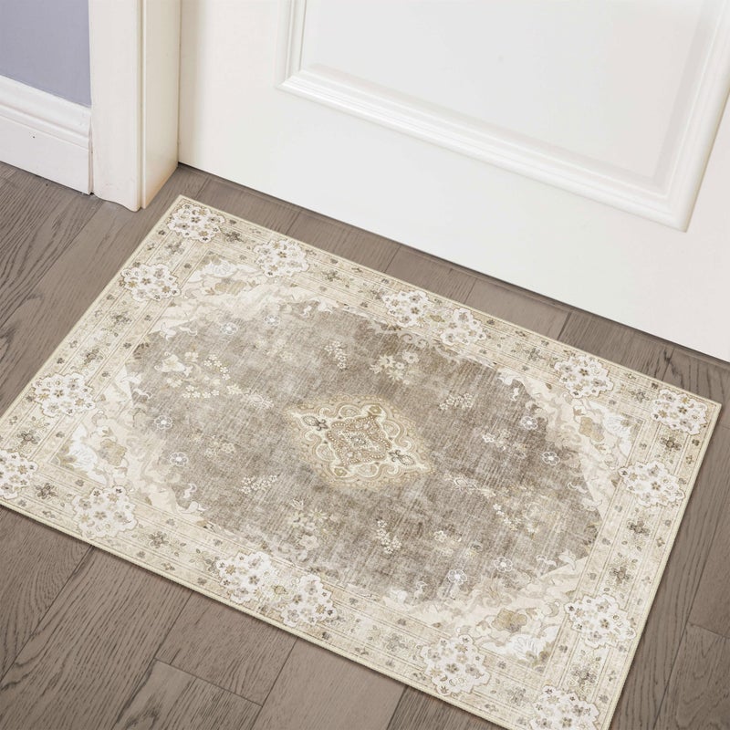 MUJOO Beige Rug 2x3Small Washable Area Rugs for Entryway Kitchen Bathroom BedroomBoho Vintage Bohemian Distressed Farmhouse Non Slip Carpet Floral