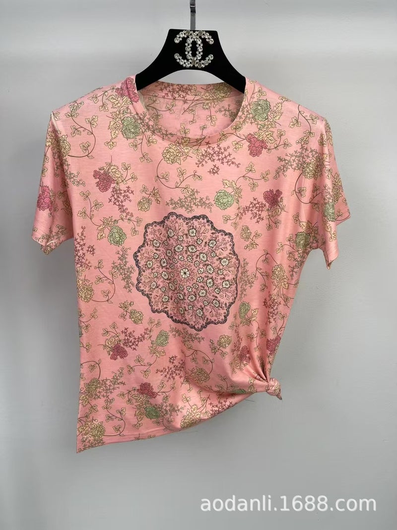 New Women'S Summer Dress All-Body Printed Baby Cotton All-Match Casual Elegant Slim-Fit Round Neck Short-Sleeve T-Shirt - Image 5