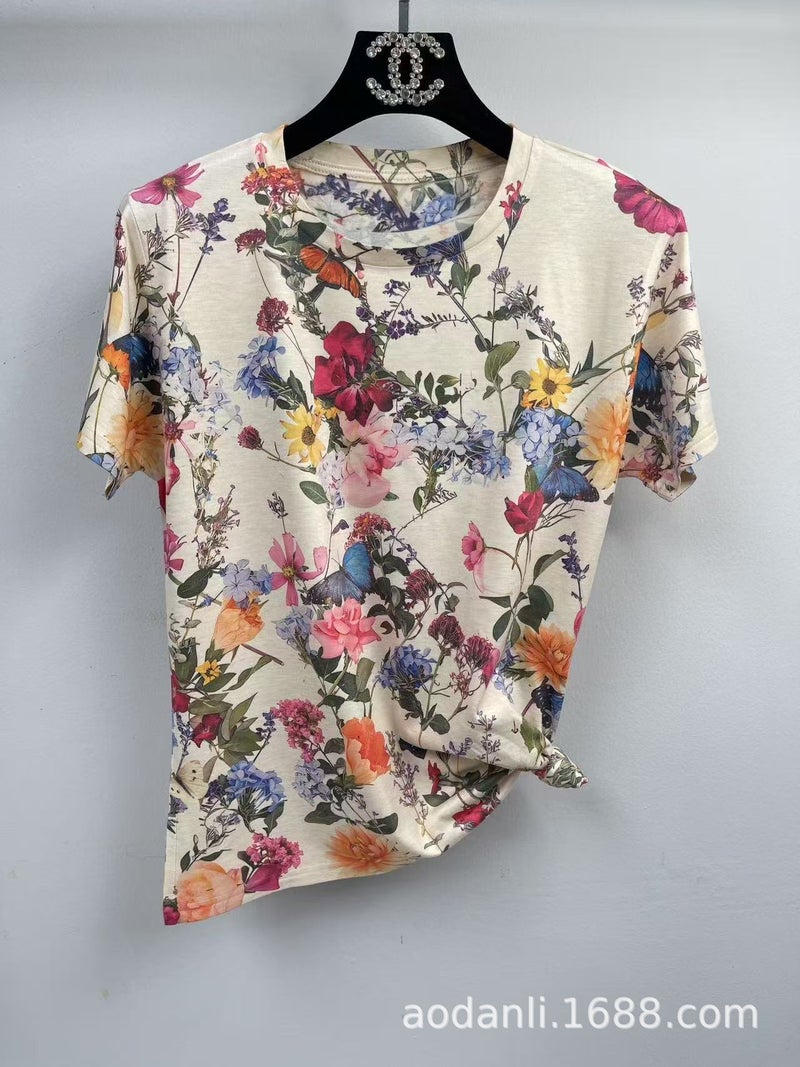 New Women'S Summer Dress All-Body Printed Baby Cotton All-Match Casual Elegant Slim-Fit Round Neck Short-Sleeve T-Shirt - Image 1