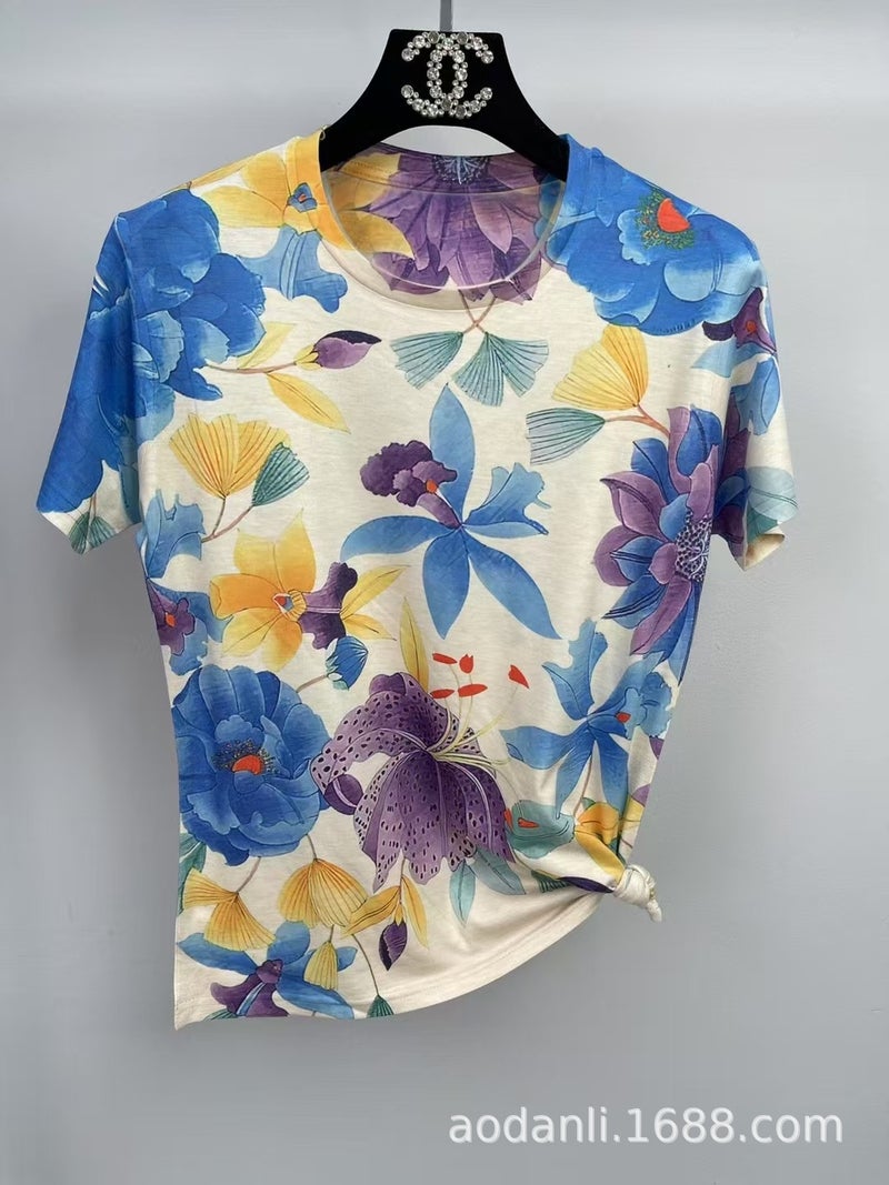 New Women'S Summer Dress All-Body Printed Baby Cotton All-Match Casual Elegant Slim-Fit Round Neck Short-Sleeve T-Shirt - Image 3