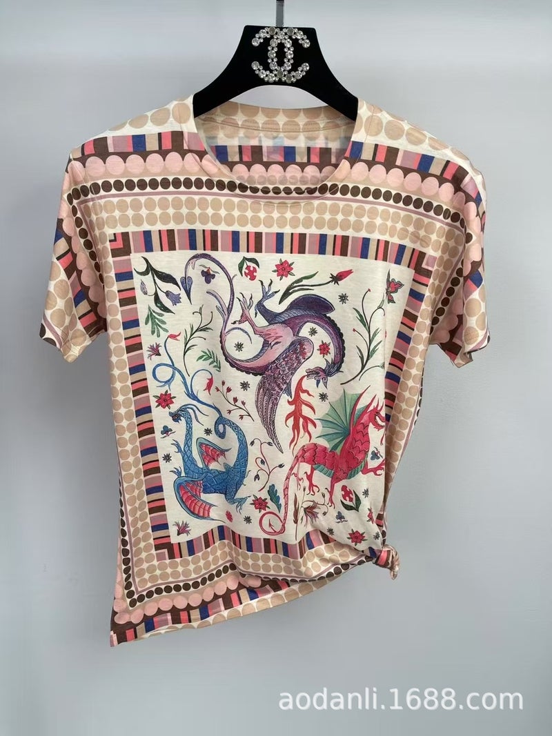 New Women'S Summer Dress All-Body Printed Baby Cotton All-Match Casual Elegant Slim-Fit Round Neck Short-Sleeve T-Shirt - Image 2