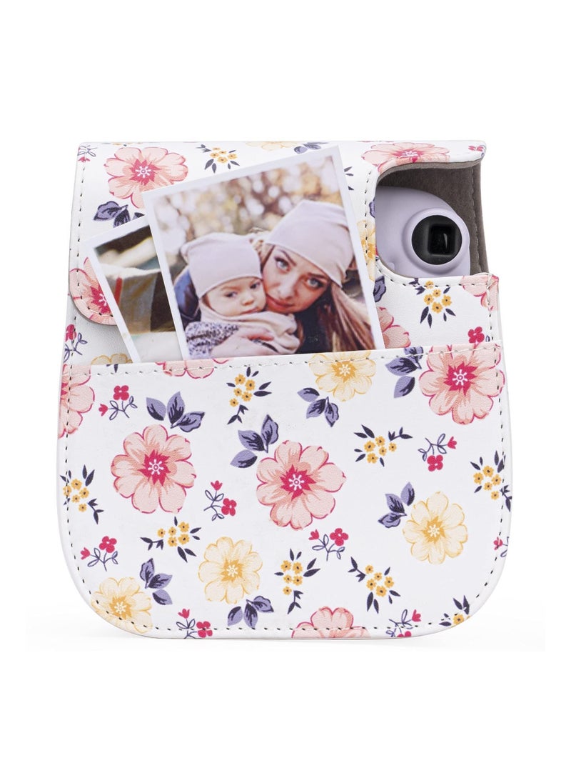 Y&D Protective & Portable Case Compatible with fujifilm instax Mini 11/ 9/ 8/ 8+ Instant Film Camera Accessory Pocket and Adjustable Strap (Flowers White)  - Image 2