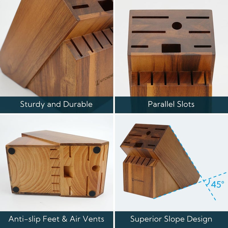 KITCHENDAO 14 Slot Acacia Wood Knife Block without Knives, Universal Knife Holder for Kitchen, Holding Multiple Types of Knives, Countertop Butcher Block Knife Stand for Easy Kitchen Storage - Image 5
