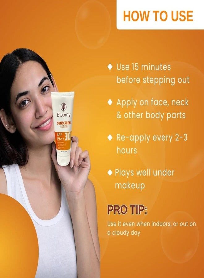 BLOOMY Sunscreen Lotion SPF 30 PA+++ | Broad Spectrum UVA & UVB Protection | No White Cast | Non-Sticky & Lightweight | Ideal for Oily & Combination Skin Types | 100 ml - Image 5