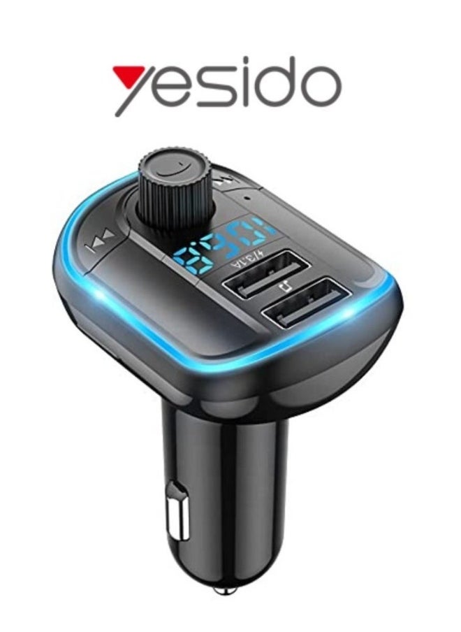 Yesido Y44 Bluetooth V5.0 FM Transmitter Car Charger – 3.1A Dual USB Ports, Wireless Radio Adapter with RGB Backlit LED Digital Display, HiFi Music Playback, Built-in Microphone for Hands-Free Calls, Universal Compatibility for iPhone, Samsung, Huawei, and More  - Image 1