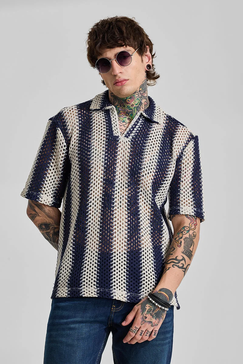 SNITCH Navy Stripes Box Fit Crochet T-Shirt