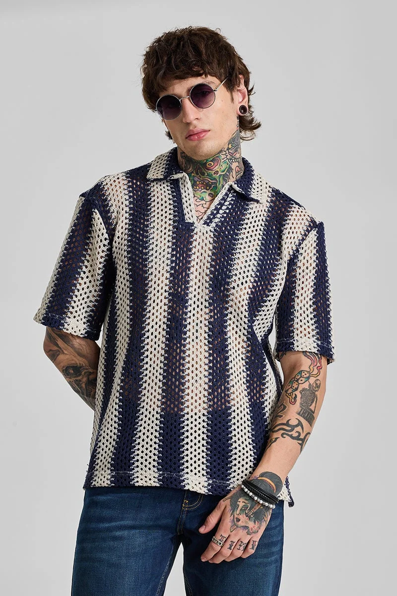 SNITCH Navy Stripes Box Fit Crochet T-Shirt