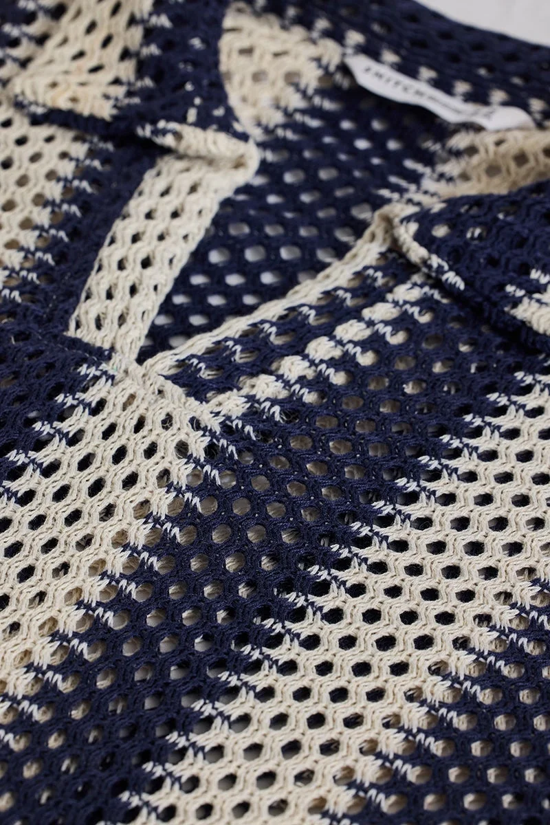 SNITCH Navy Stripes Box Fit Crochet T-Shirt