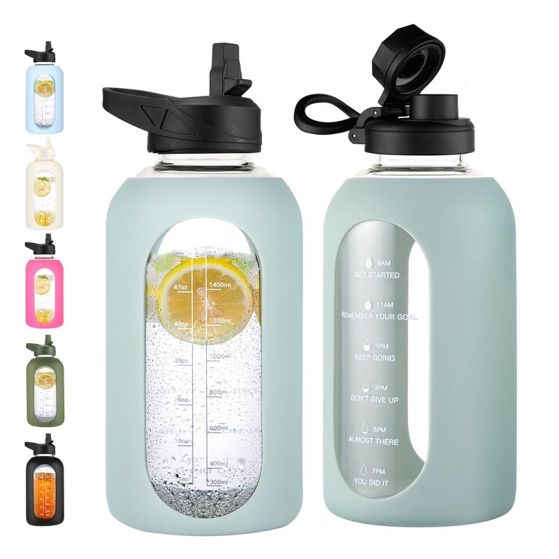 CIVAGO 64 oz Glass Water Bottle Jug with Straw and Handle, Half Gallon Sports Motivational Bottle with Time Marker and 2 Lids, Flask Canteen with Silicone Sleeve for Gym, Sage - Image 1