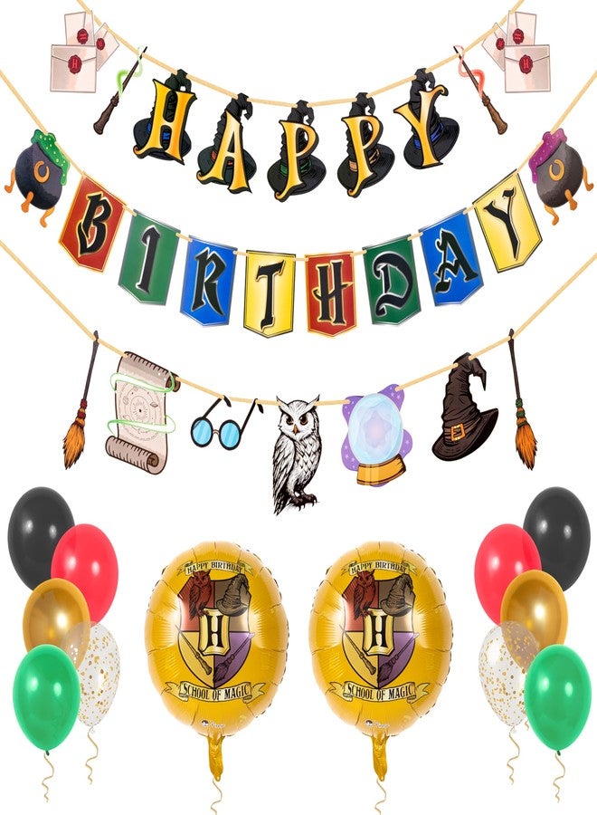 Pirese Wizard Birthday Decorations, Magical Happy Birthday Banner with Balloons, Pre-Strung Party Supplies, Gold Confetti Balloons & Unique Pirese Foil Balloon, Magical Decor for Kids & Adults - Image 1