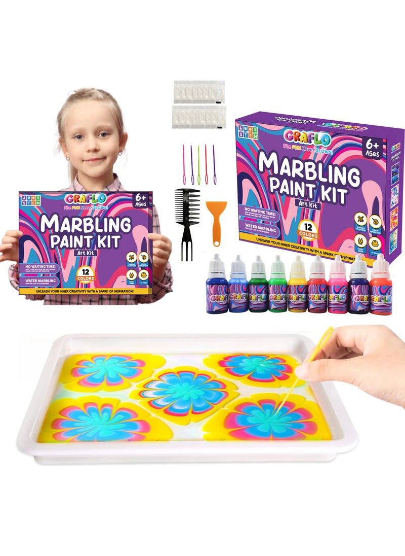 GRAFLO Marbling Paint Art & Crafts Kit - Water Marble Painting Set, Craft Kits for Girls & Boys, 9 Vibrant Colors & 10 Sketch Papers, STEM Engaging Activities, Water Marbling - For Kids 6+ Years  - Image 1