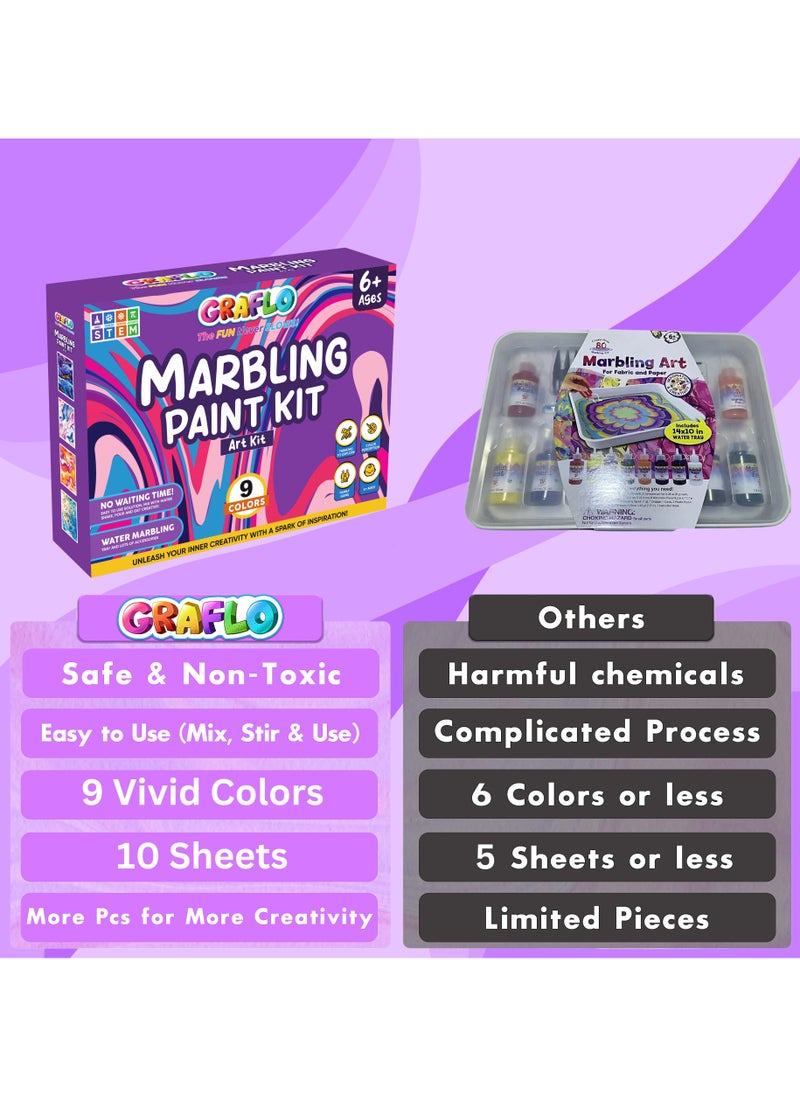 GRAFLO Marbling Paint Art & Crafts Kit - Water Marble Painting Set, Craft Kits for Girls & Boys, 9 Vibrant Colors & 10 Sketch Papers, STEM Engaging Activities, Water Marbling - For Kids 6+ Years  - Image 2