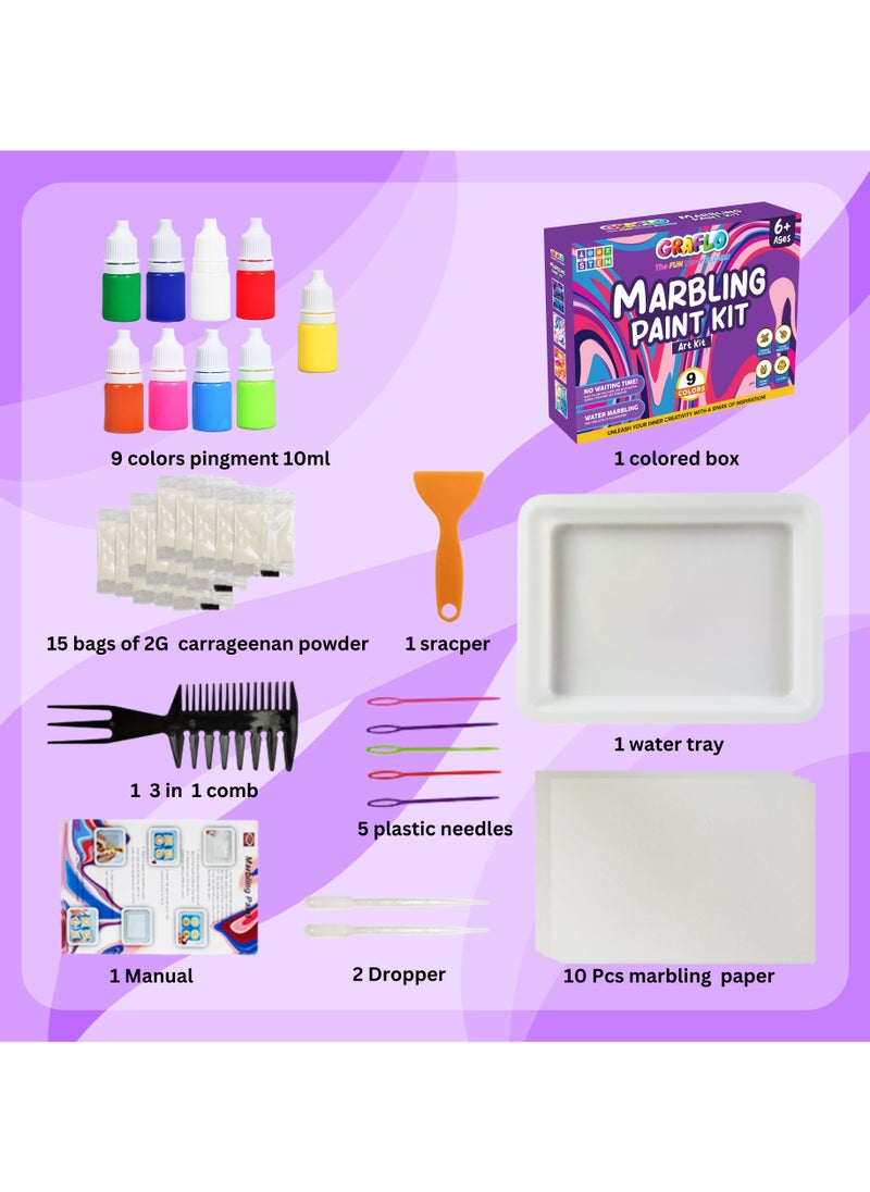 GRAFLO Marbling Paint Art & Crafts Kit - Water Marble Painting Set, Craft Kits for Girls & Boys, 9 Vibrant Colors & 10 Sketch Papers, STEM Engaging Activities, Water Marbling - For Kids 6+ Years  - Image 3