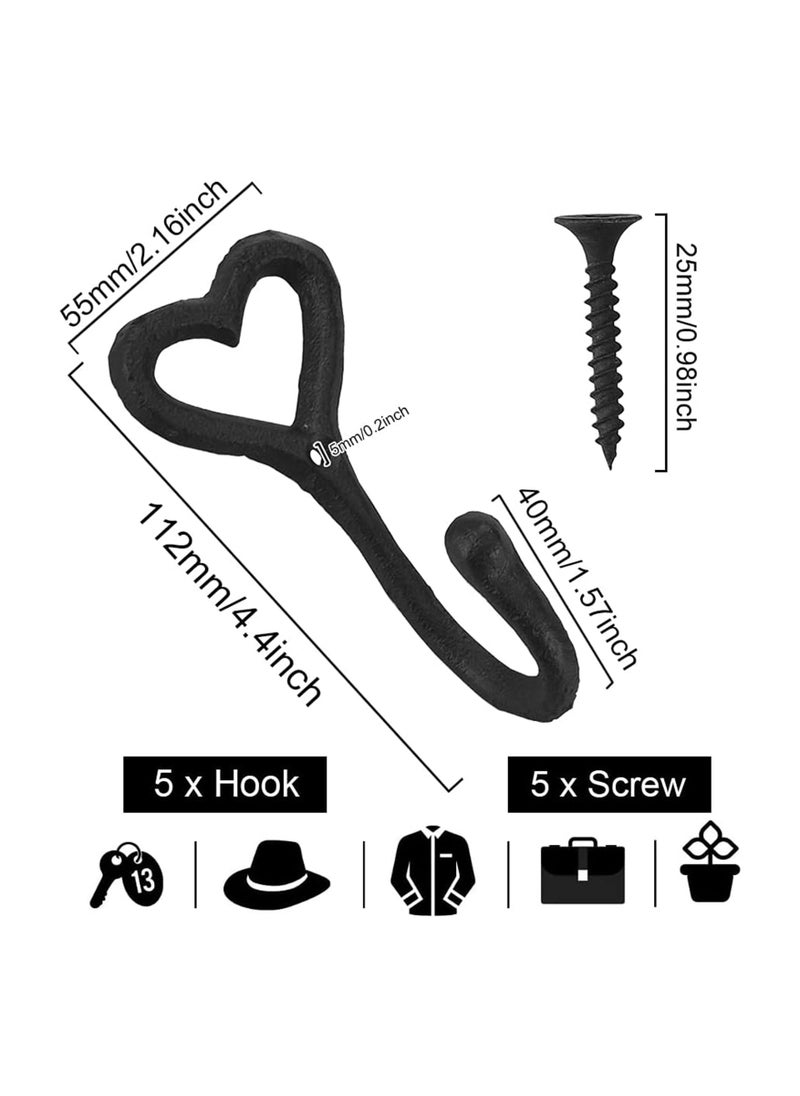 KASTWAVE - 5 Pcs Funky Coat Hooks Black Love Heart Wall Mounted Clothes Hanger Rustic Vintage Cast Iron Metal Coat Hooks with 5 Pcs Screws for Hanging Coat Scarf Bag Towel Key Hat Robe - Image 1