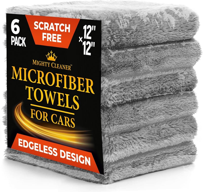 Mighty Cleaner Edgeless Microfiber Towels for Cars – 6pk (12”x12”) - 540 GSM - Super Soft Detailing & Buffing – Scratch-Free & Absorbent Microfiber Cleaning Cloths for Car Polishing - Image 1