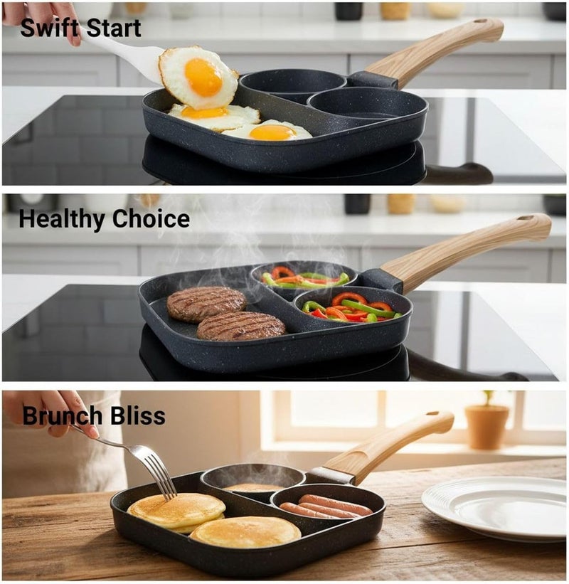 Gray Two-Cup Non-Stick Frying Pan with Maifan Stone Coating, 7.1 x 7.1 in / 18 x 18 cm Aluminum Divided Breakfast Skillet, Dedicated for Induction Cooktops, Mini Egg Burger Cooker with Wooden Handle - Image 4
